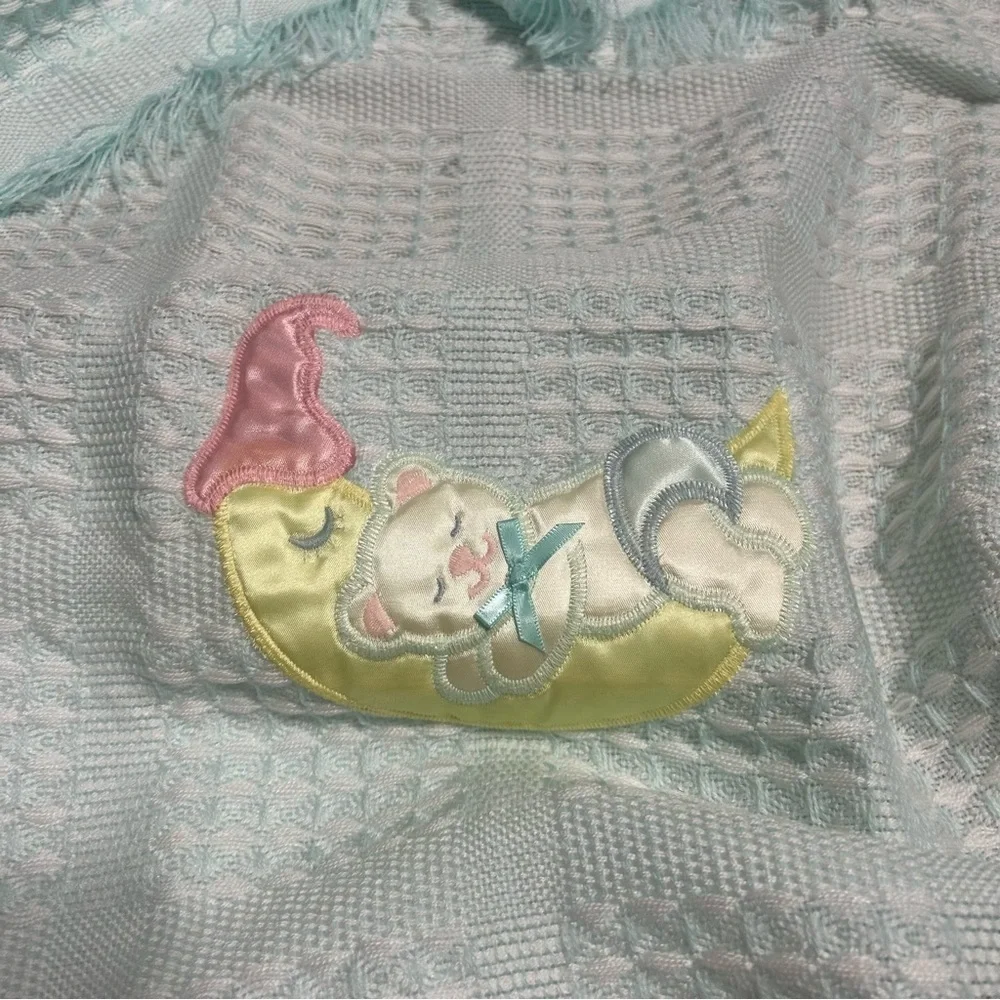 Vintage Light Baby Blanket Pastel Bear Sleeping on Moon Blue Fringe Blue Yellow